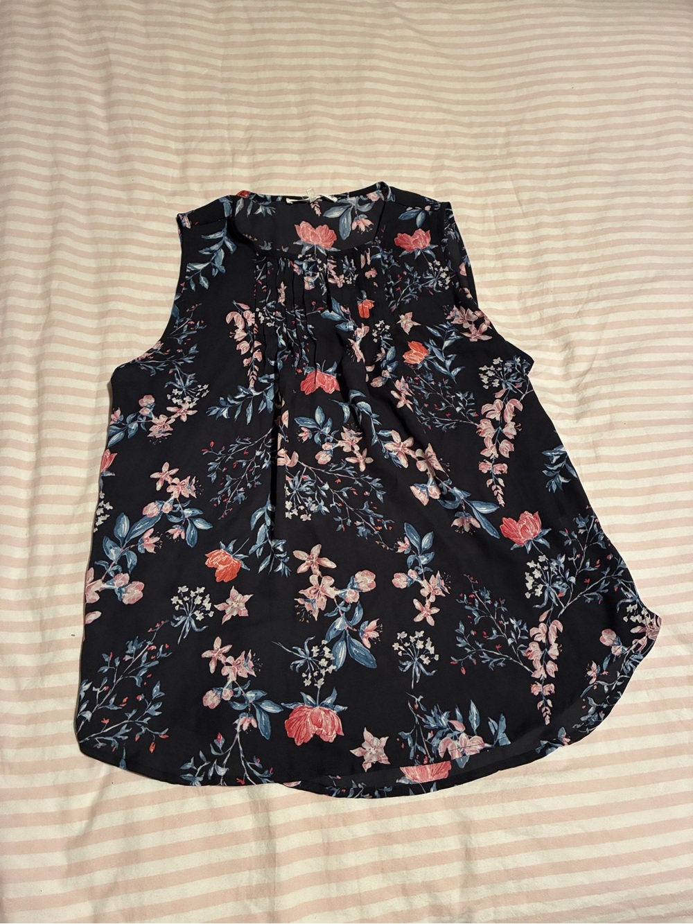 Violet & Claire Black Floral Sleeveless Blouse with Pink & Coral Blooms